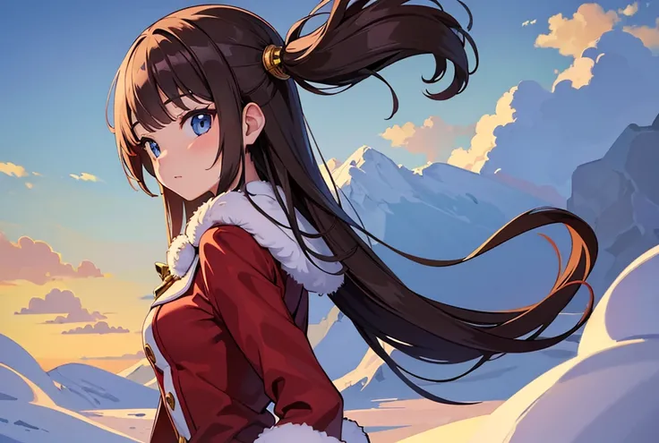 ((masterpiece, best quality, extremely detailed, absurdres)),High school girls, front,  face, upper body, in Santa Claus　uniform,landscape　snow daytime anime illustration