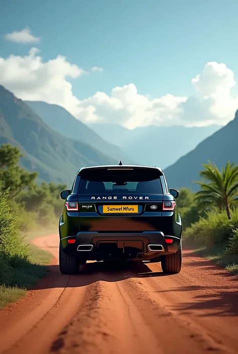 Create 3D an image of a Range Rover with a yellow license plate featuring the name "SAMWEL MFURU" driving through Tanzanian scenery