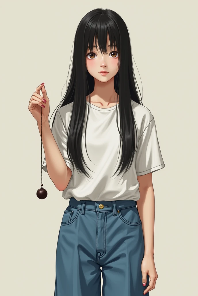 A girl with long straight black hair dressed in wide blue jean pants and a white t-shirt with a pendulum in her hand