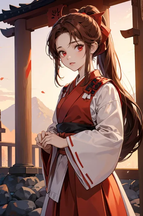 twins, twins fashion, 1 girl（brown hair, red eyes,short ponytail, shrine maiden outfit, long red skirt）、2 girl（brown hair, red eyes,low long ponytail, shrine maiden outfit, long red skirt）, holding hands ,upper body,