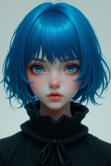 A young girl with short blue hair and black clothes
