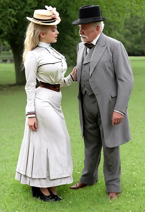 A gorgeous well-endowed 14yo blonde Gibson Girl bimbo (((fondled by a large horny 69yo gentleman))) in a park. Year 1902. (((1900_dr3ss))). Short girl with an hourglass figure wearing an elegant Edwardian outfit consisting of a high-collar long sleeve shir...