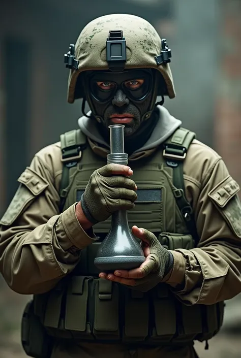 A soldier wearing a mask and smoking a bong with his hands