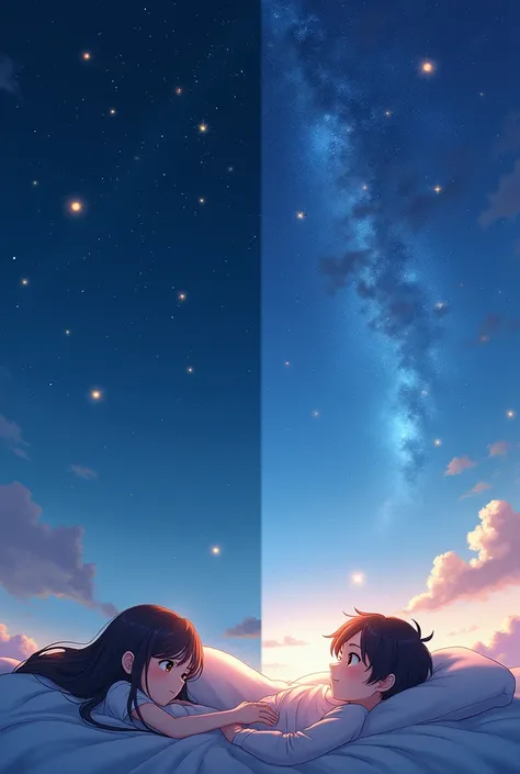 Two separate scenes in which Anime girl and boy are chatting on text messages in different locations. The girl is on her bed with her dark brown hair spread on her pillow. The boy is laying under the sky full of stars. Magical and aesthetic 