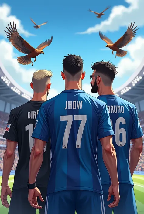 Create the image of a futsal player , nome Jhow , cute appearance , moustache , shaved hair on the sides , earring , thin physique , highlight him from behind showing the number 77 and the name Jhow on the uniform, uniform colors black and blue. Featured i...