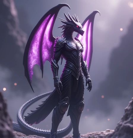 Dark Dragon Armor with White, purple and purple, dragon wings and tail, anime