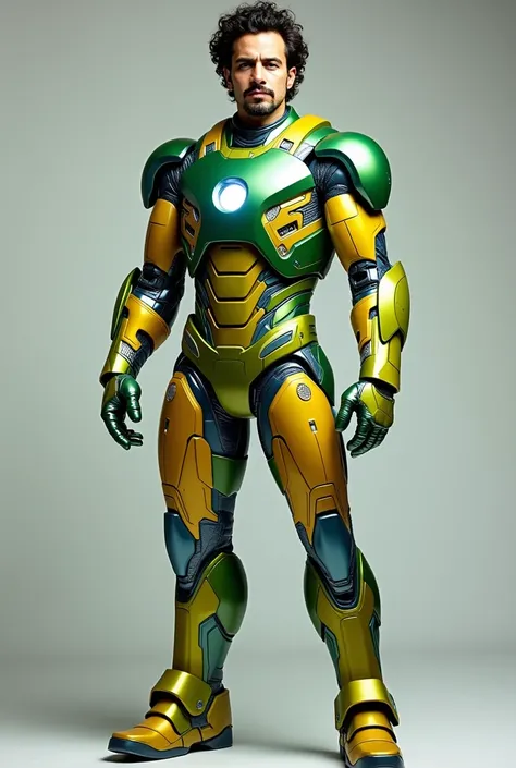 Create for me , an image of Pablo Marçal&#39;s face in the Iron Man hero costume 
, without mask I want this image but full body I changed the color of the armor to green and yellow and blue 