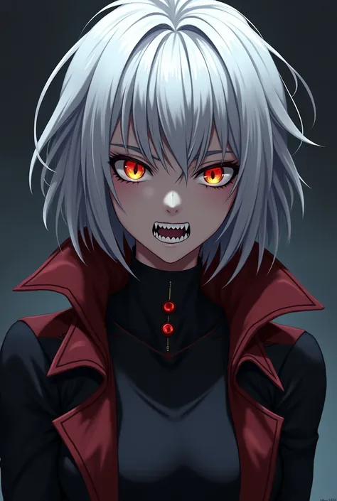 Create a female anime character, with short white hair and bangs, with fangs in the mouth, malicious expression and villainous posture, orange eyes