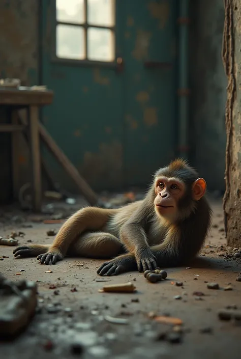 A monkey lying on the dirty floor
