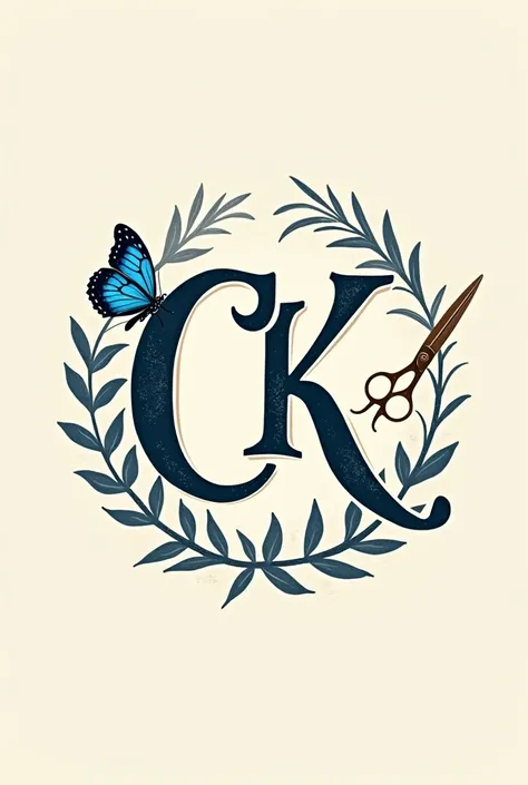 Written logo "Studio C & K" with craft and writing theme with scissors and vintage blue butterfly
