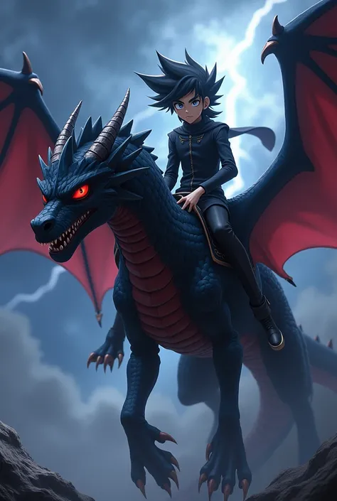 Make a dark-haired boy riding a red-eyes black dragon from yu gio oh