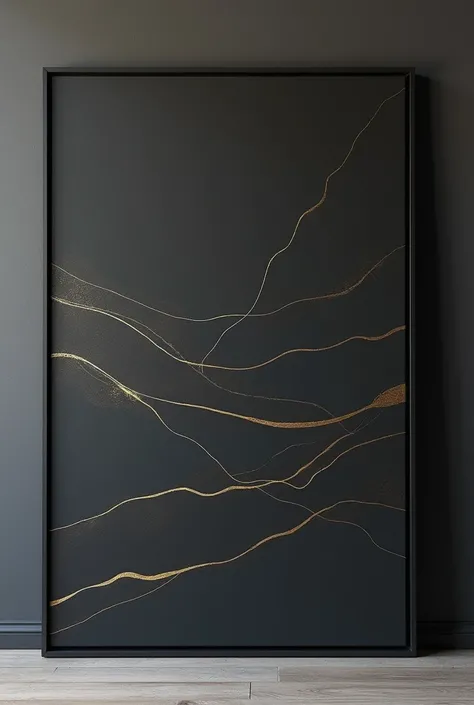 Create an image of a dark gray painted wall with minimalist gold lines, and other parts where the dark gray background is uninterrupted, 