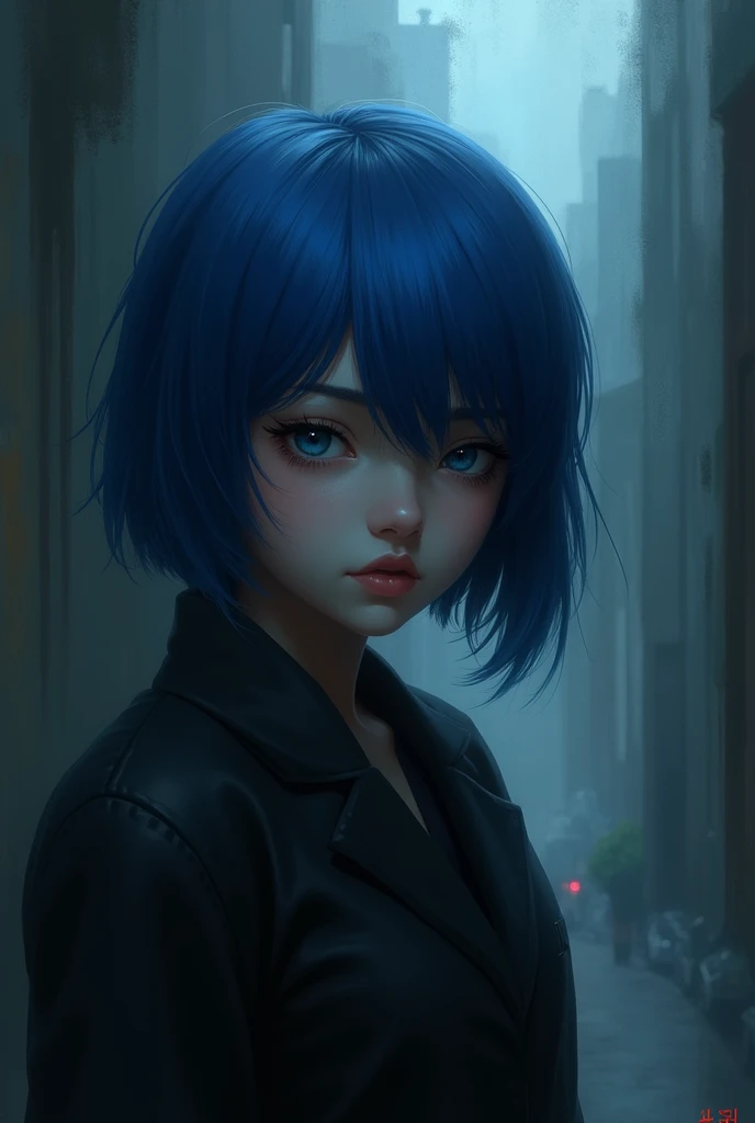 A young girl with short blue hair and dark clothes 
