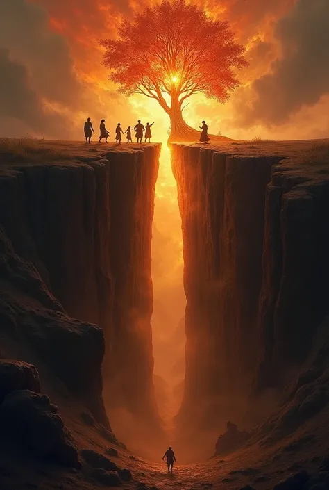  the ground with a huge crack dividing it into two parts, a low part and a high part, and people jumping from the low part to the high part over the crack towards the bush with fire and the flaming bush is in the high part and people are kneeling in front ...