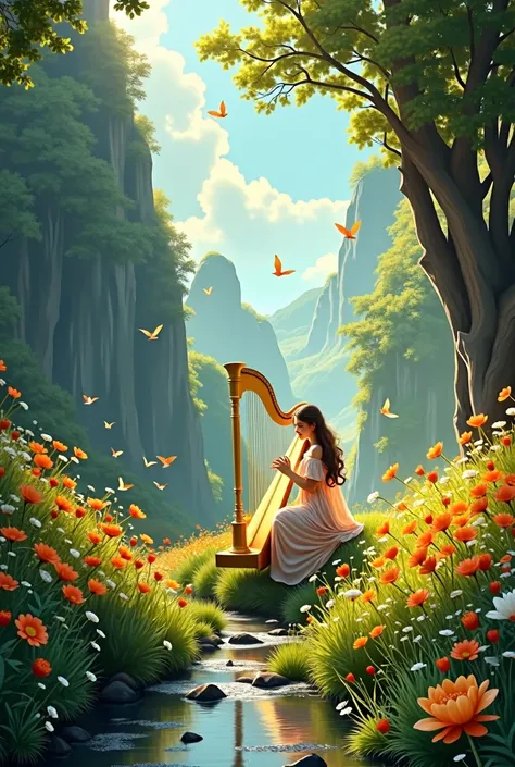 In a valley filled with vibrant, colorful flowers and a sparkling stream reflecting the sunlight, a musician plays a mesmerizing instrument. The instrument is a golden harp with shimmering strings, as if woven from starlight itself. Each delicate pluck of ...