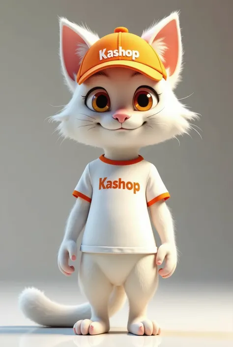 Create a 3D Disney Pixar humanoid orange-eyed white male cat, make him wear an orange cap with the name Kashop written on it in white, make him wear a white shirt with the name Kashop written on it in orange, he is standing and smiling