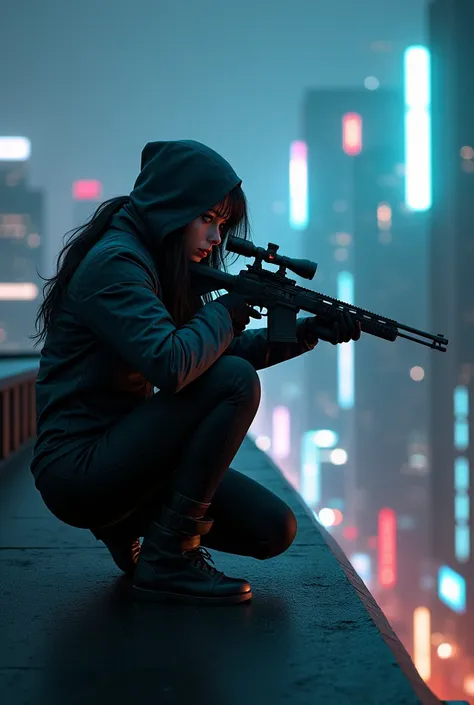 An assassin, beautiful detailed eyes, beautiful detailed lips, extremely detailed face and body, crouching, holding a sniper rifle, looking through the scope, from the rooftop, midnight in the center, city skyline, skyscraper, lights of neon, spectacular l...