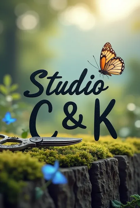 Written logo "Studio C & K" with craft and writing theme with scissors and small blue butterfly in landscape format
