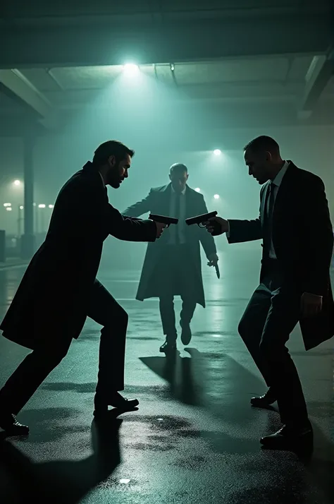 John wick kingsman and hitman fighting each other in a parking lot