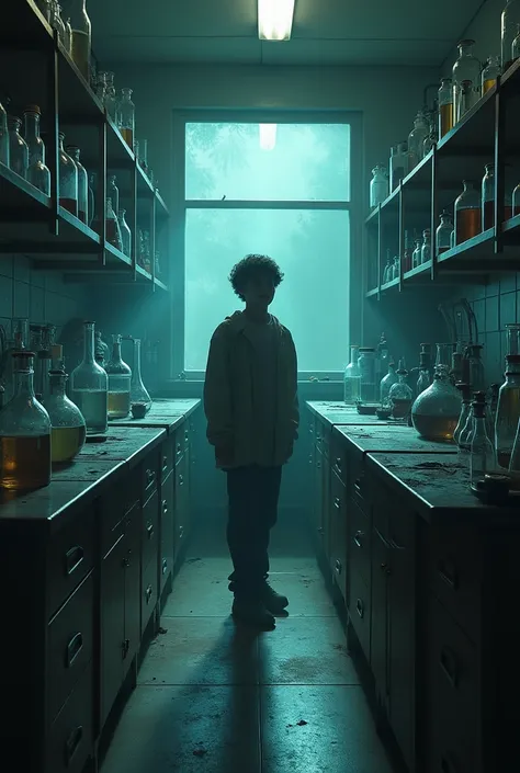 create an image about someone who has just entered high school who is unraveling mysteries in his school where there was a blackout and all the people disappeared and he has to unravel why and in this he finds abandoned rooms and in this scene he was in th...