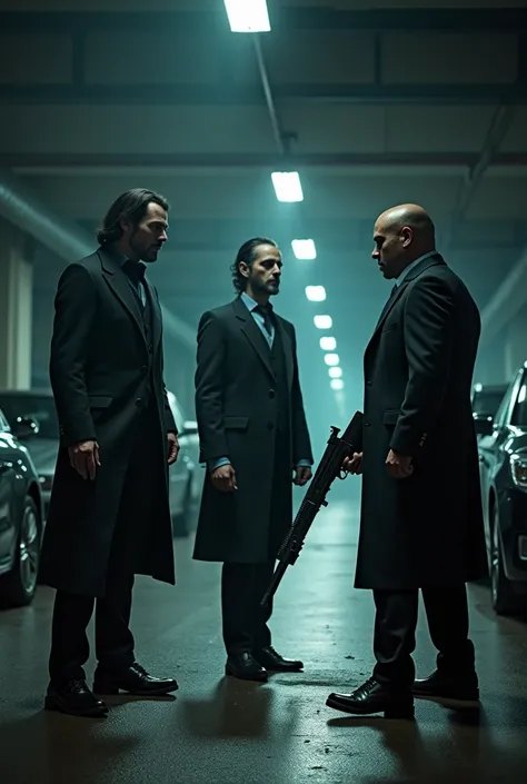 John Wick Kingsman and Hitman fighting each other in a parking lot And their faces can be seen and recognized