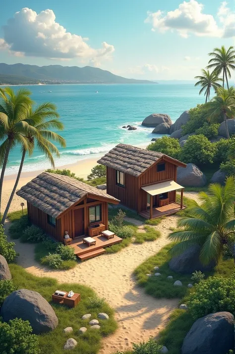 A plot of land near the beach with two small two-story wooden cabins with a balcony and barbecue area, one in front of the land and one behind.