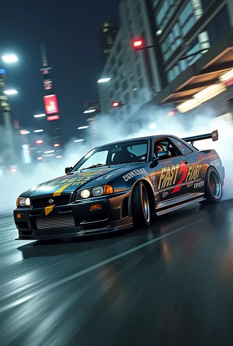 Paul walker drifting in r34 skyline with 2 fast 2 furiors livery