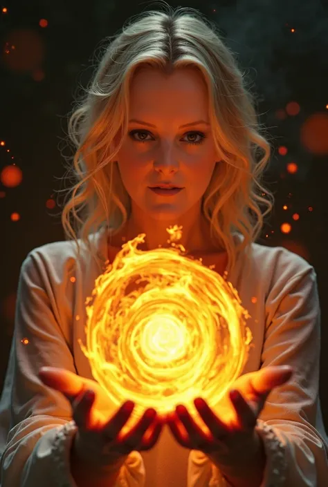 a fire ball, dark smokey background, red stars in background, in the hands of a pretty blonde girl, no reflection, no shadow, 8k