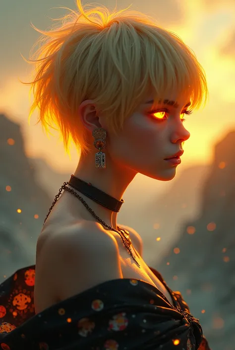 a white girl, Upper body</input></xml>, very short haircut, eyes on fire, golden hair with neon contours, choker, NSFW, (Japanese clothing:1.3), bare shoulders, masterpiece, very detailed, look at the side (blurry galaxy background, soft background, Golden...