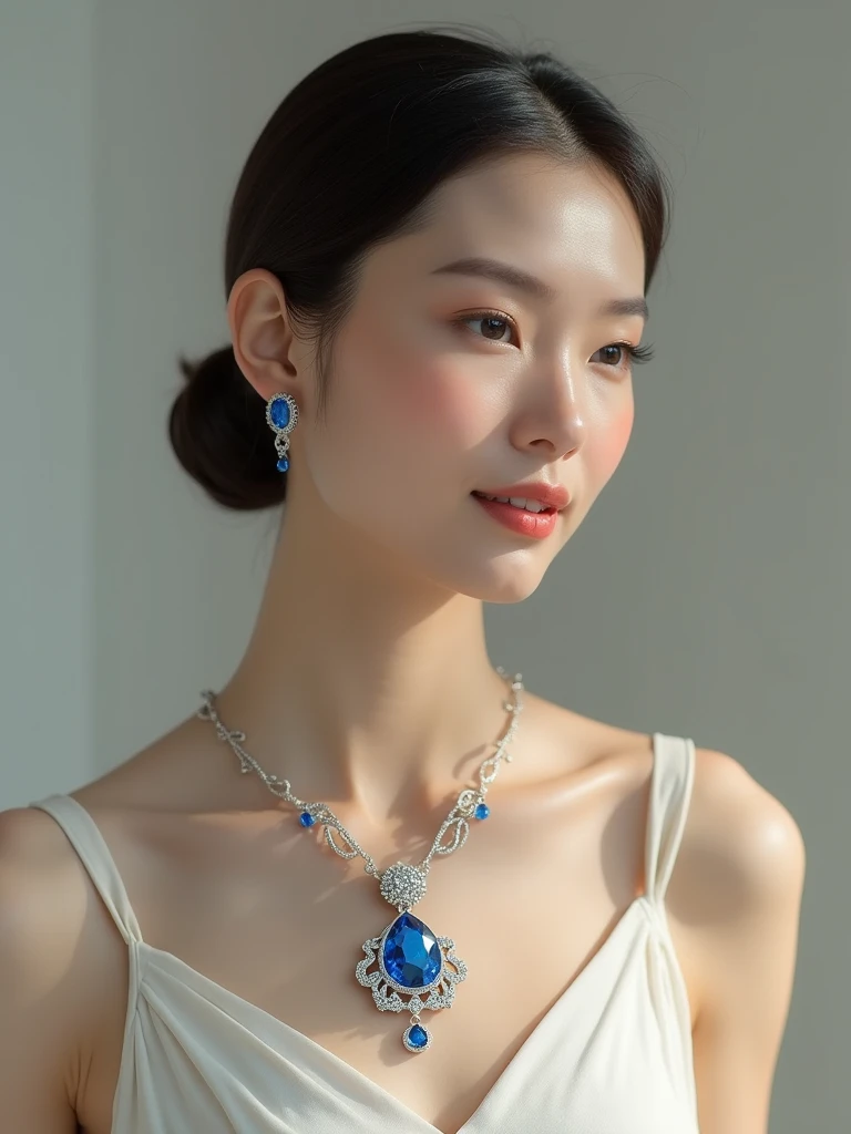 a lady modeling the blue necklace from the sketch 