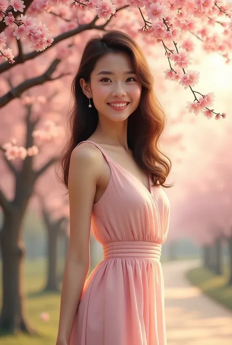 A sweet-smiling Thai woman wearing a sexy, light pink dress, showing off her figure, stands under a cherry tree with pink flowers.. The surrounding atmosphere was filled with golden sunlight shining through the mist.