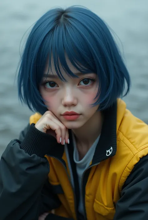 Girl with dull blue short hair with black and yellow jacket 