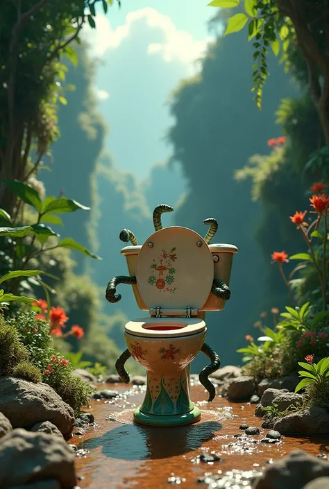 an earth-like planet with tall jungles and a skibidi toilet dancing