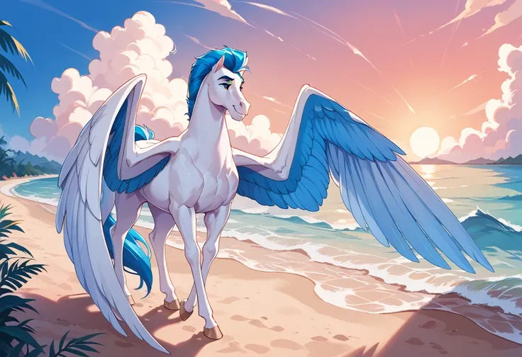 (pegasus, blue mane, large wings) on a deserted beach