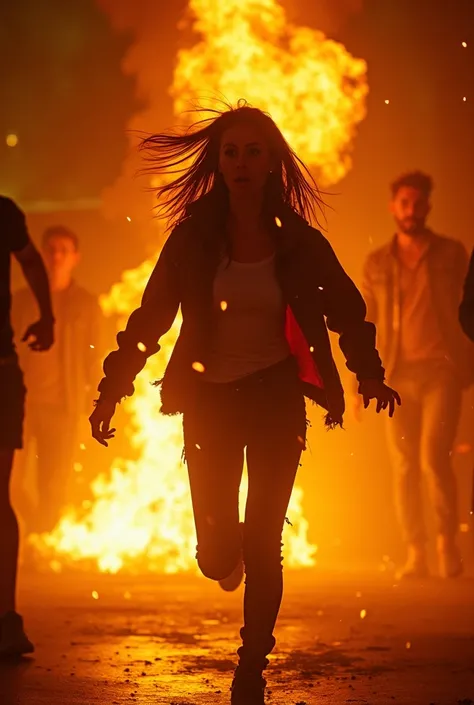 Generates a girl on fire in a nightclub scared and running 