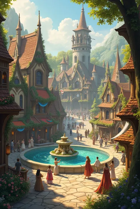 Elven Town Square with a fountain and stage decorated for a festival