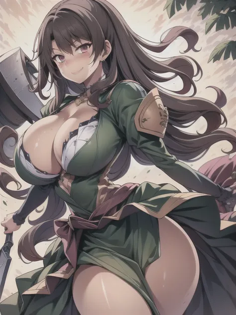 masterpiece,best quality,kim_kwang_hyun, 1girl,kashino, Brown  Long hair, big busty , large huge breasts, looking at viewer, plumpy, pink eyes, Brown Long hair, bangs, large huge breasts, long sleeves, dress, cleavage, closed mouth, Long weapon((sword)), p...