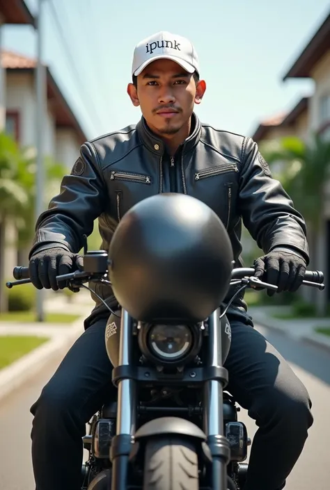 
please make realistic photos, best quality. 40 year old Indonesian man, small face shape, body normal, short neck, wearing a white baseball cap, wearing a racing jacket and black jeans, wear gloves, sitting sideways leaning on a cool motorbike, while hold...