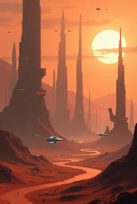 futuristic city skyline on Mars.