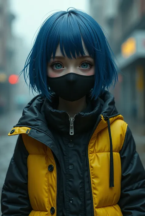 Girl with short dull blue hair with a black and yellow jacket with a lead face mask