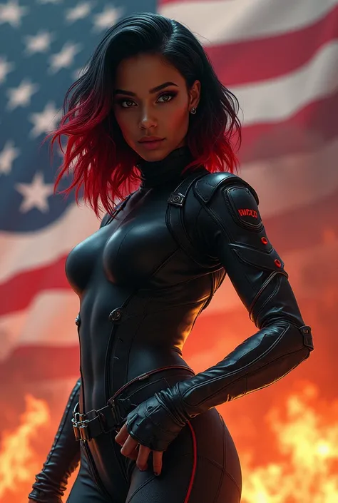 Medium build Black female wearing Futuristic clothes with shoulder length hair red and black hair dew with American flag background with fire and smoke 