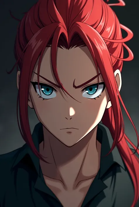 Create a male anime character with tied red hair, with eyebrow piercing with a serious expression and cyan eyes 