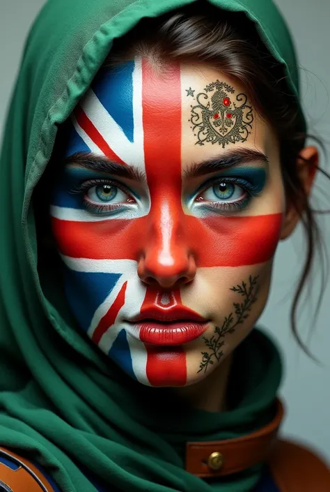 I want you to paint your face only half of the flag of the United Kingdom on the right side of your face, and on the left side I want you to paint it in a Robin Hood style 