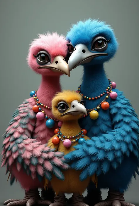 Three dodo birds huddled together, one with blue and pink feathers, the other gothic and serious and the last dodo dressed in beads