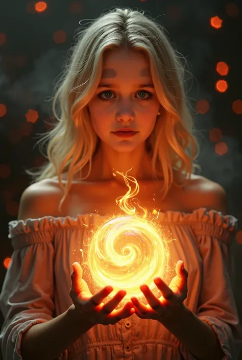 a fire ball, dark smokey background, red stars in background, in the hands of a pretty blonde girl, no reflection, no shadow, 8k