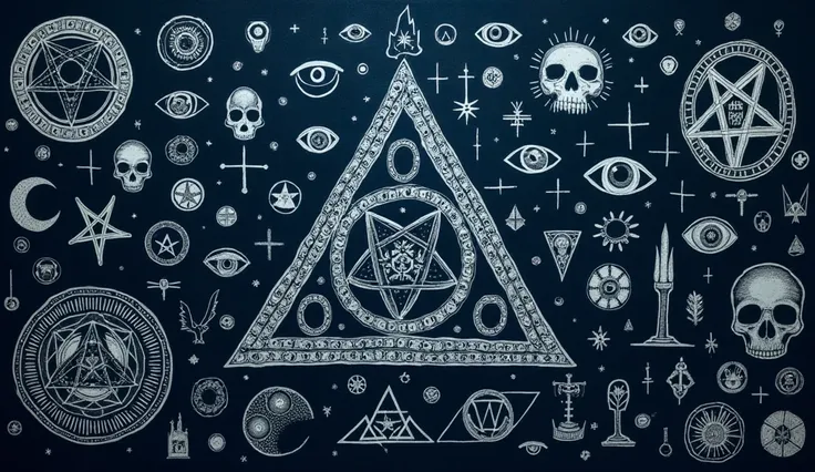 I need an image that has a blue background (dark). There must be weird symbols in this image, mysterious and dark, such as the illuminati triangle, strange eyes, skulls and a satanic pentagram (that most of the drawings are these examples that I gave you)....