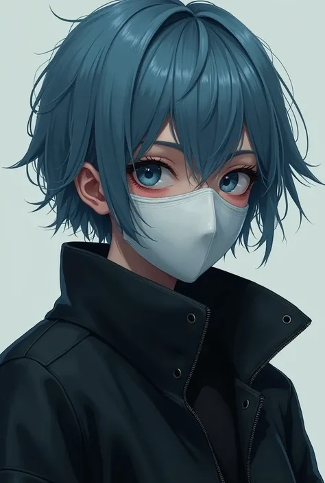 Girl with dull blue short hair wearing a black jacket with a white face mask 