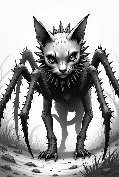 a white spider punk alien cat with brown eyes in the manga style of Tatsuki Fujimoto in black and white