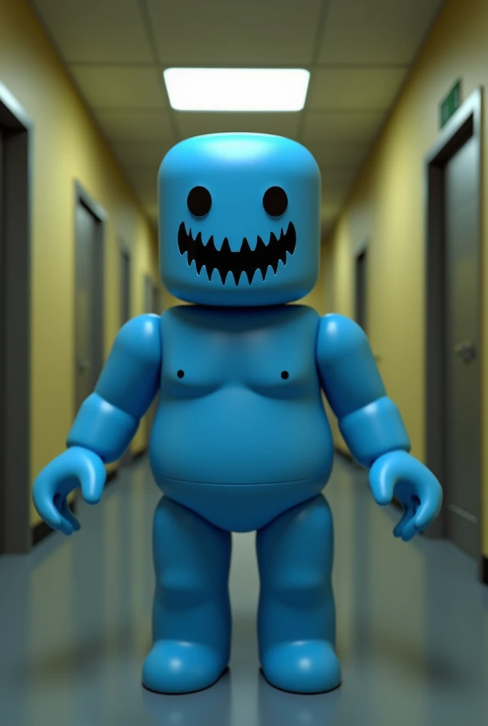 create a minimalist creature with a happy and disturbing appearance and with different shades of blue. with a humanoid body for the backrooms in roblox and in the background the backroms appear