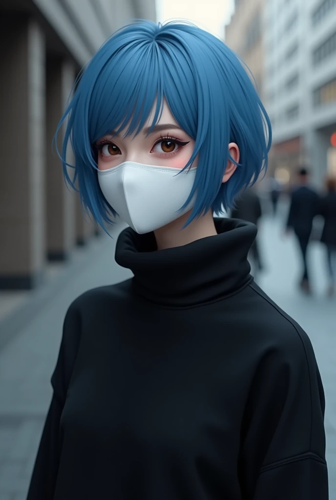 Short blue hair girl in black sweater with white face mask 